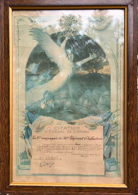 Citation à l’ordre de l’Armée Mangin Pétain avec cadre